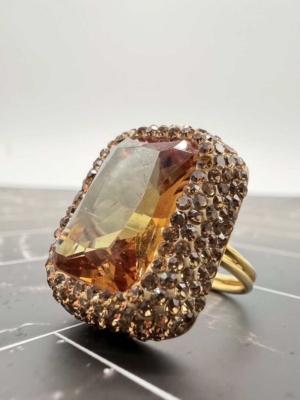 Vintage 925 Sterling Gold Plated Amber Topaz Crystal Halo Statement Ring Sz 8